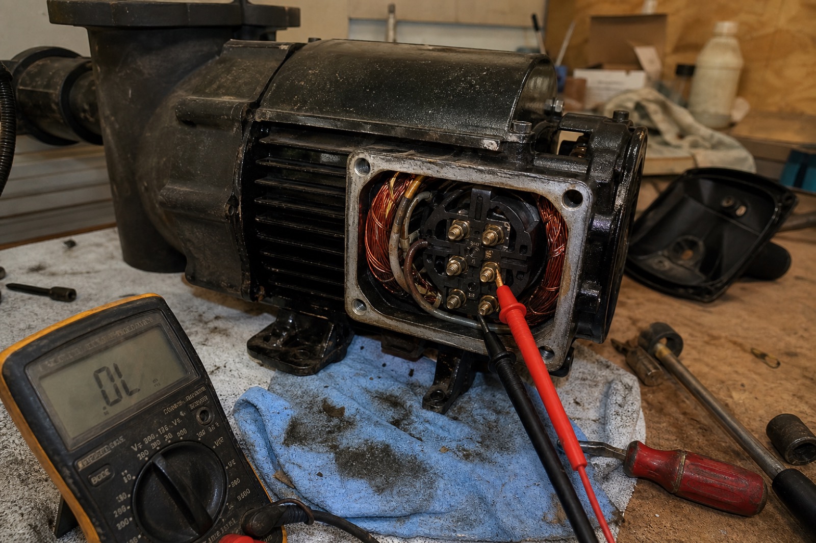 Pool pump motor mid-rebuild on a workbench, rear access plate removed, copper windings exposed, multimeter probe on a terminal.